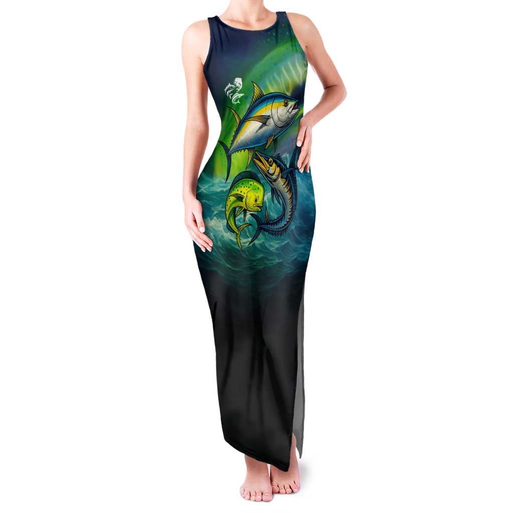 Offshore Fishing Custom Family Matching Tank Maxi Dress and Hawaiian Shirt Tuna Mahi Mahi and Wahoo in Ocean Wave Design - Wonder Print Shop