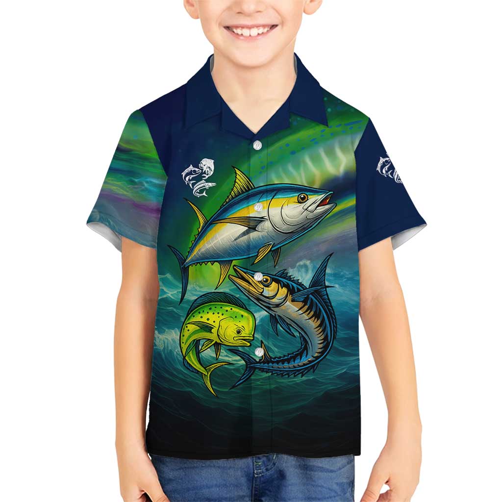 Offshore Fishing Custom Family Matching Tank Maxi Dress and Hawaiian Shirt Tuna Mahi Mahi and Wahoo in Ocean Wave Design - Wonder Print Shop