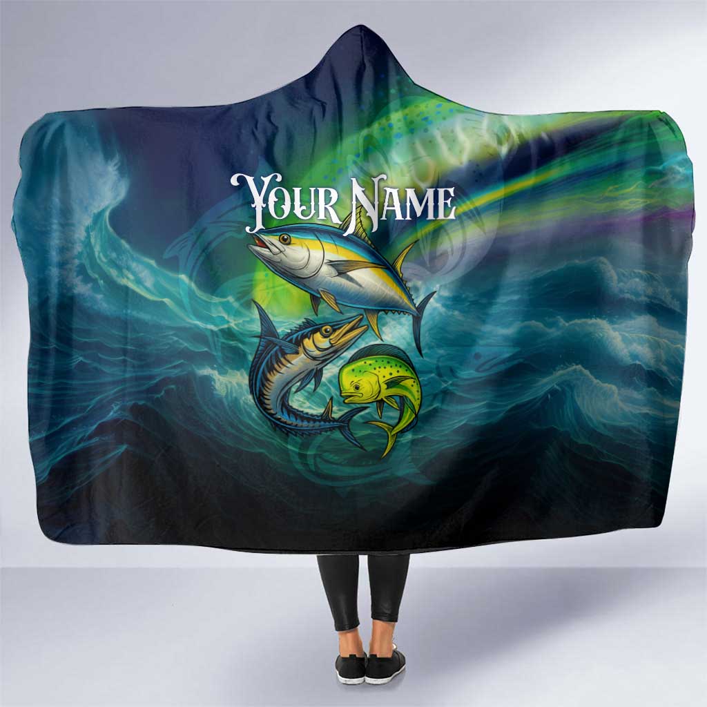 Offshore Fishing Custom Hooded Blanket Tuna Mahi Mahi and Wahoo in Ocean Wave Design - Wonder Print Shop