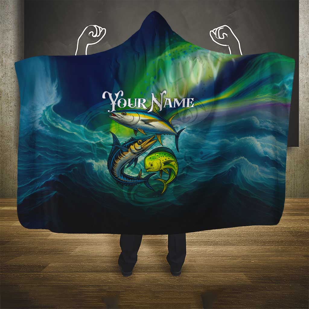Offshore Fishing Custom Hooded Blanket Tuna Mahi Mahi and Wahoo in Ocean Wave Design - Wonder Print Shop