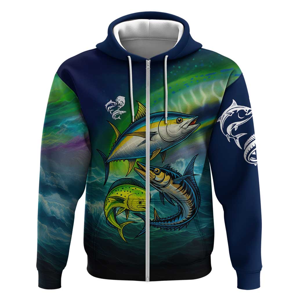 Offshore Fishing Custom Hoodie Tuna Mahi Mahi and Wahoo in Ocean Wave Design - Wonder Print Shop