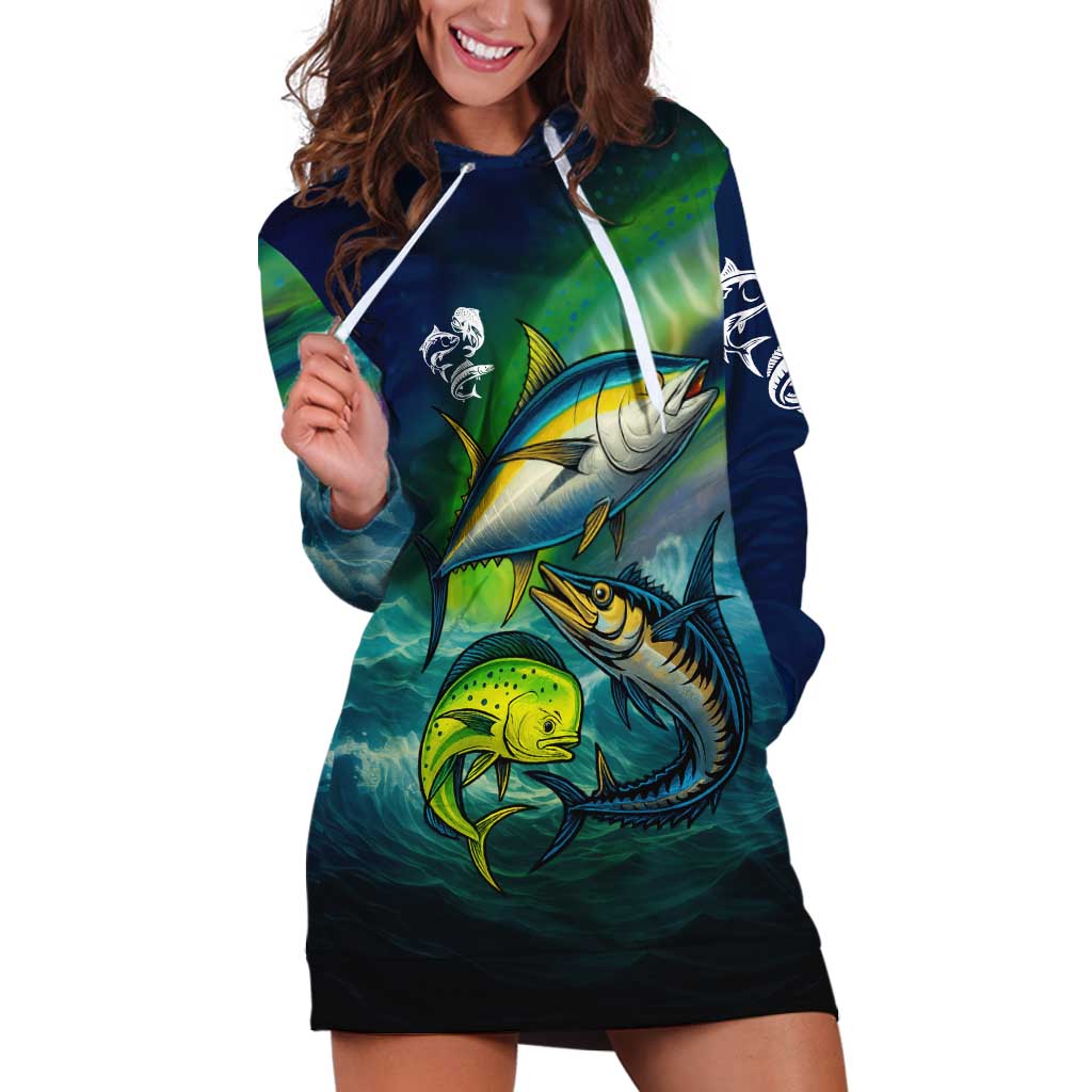 Offshore Fishing Custom Hoodie Dress Tuna Mahi Mahi and Wahoo in Ocean Wave Design - Wonder Print Shop