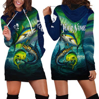 Offshore Fishing Custom Hoodie Dress Tuna Mahi Mahi and Wahoo in Ocean Wave Design - Wonder Print Shop