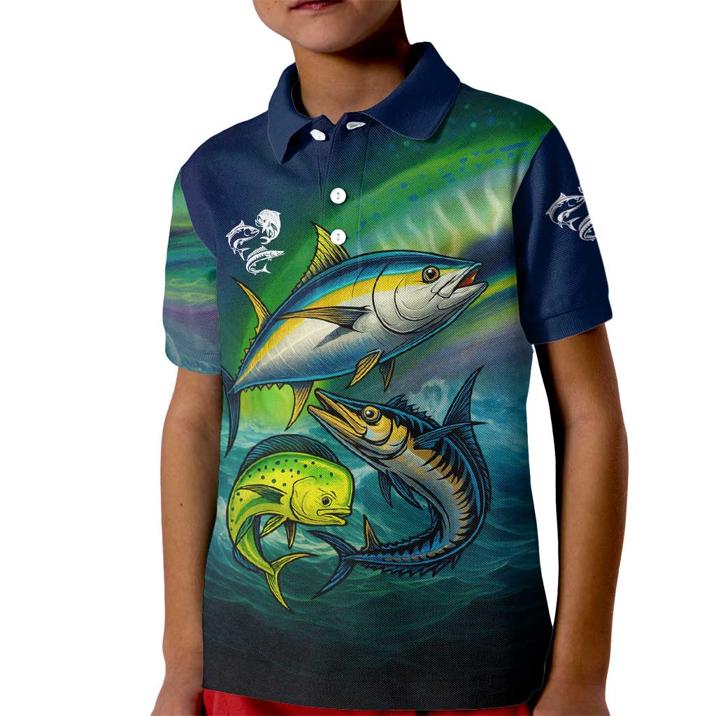 Offshore Fishing Custom Kid Polo Shirt Tuna Mahi Mahi and Wahoo in Ocean Wave Design - Wonder Print Shop