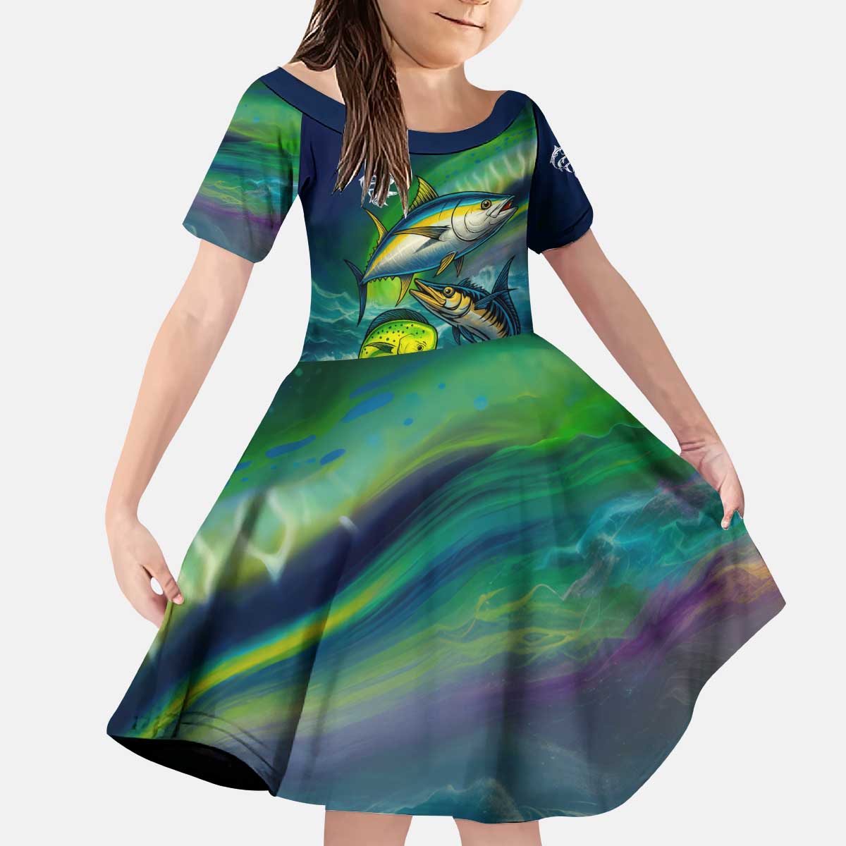 Offshore Fishing Custom Kid Short Sleeve Dress Tuna Mahi Mahi and Wahoo in Ocean Wave Design - Wonder Print Shop