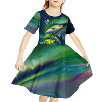 Offshore Fishing Custom Kid Short Sleeve Dress Tuna Mahi Mahi and Wahoo in Ocean Wave Design - Wonder Print Shop