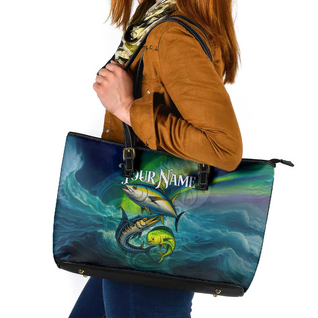 Offshore Fishing Custom Leather Tote Bag Tuna Mahi Mahi and Wahoo in Ocean Wave Design - Wonder Print Shop