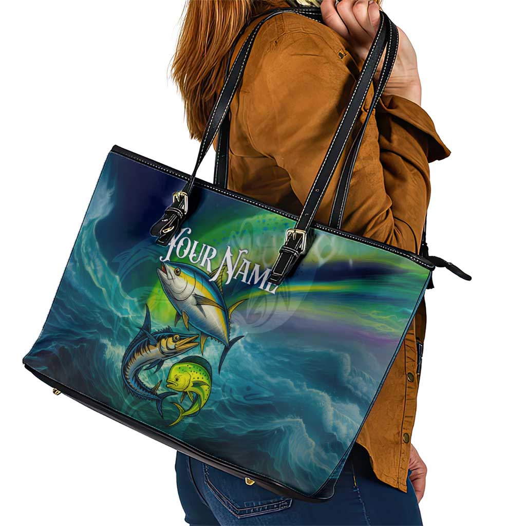 Offshore Fishing Custom Leather Tote Bag Tuna Mahi Mahi and Wahoo in Ocean Wave Design - Wonder Print Shop