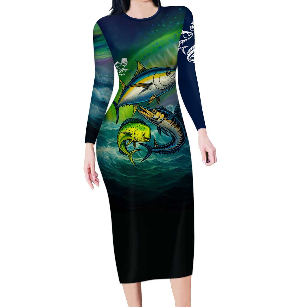 Offshore Fishing Custom Long Sleeve Bodycon Dress Tuna Mahi Mahi and Wahoo in Ocean Wave Design - Wonder Print Shop