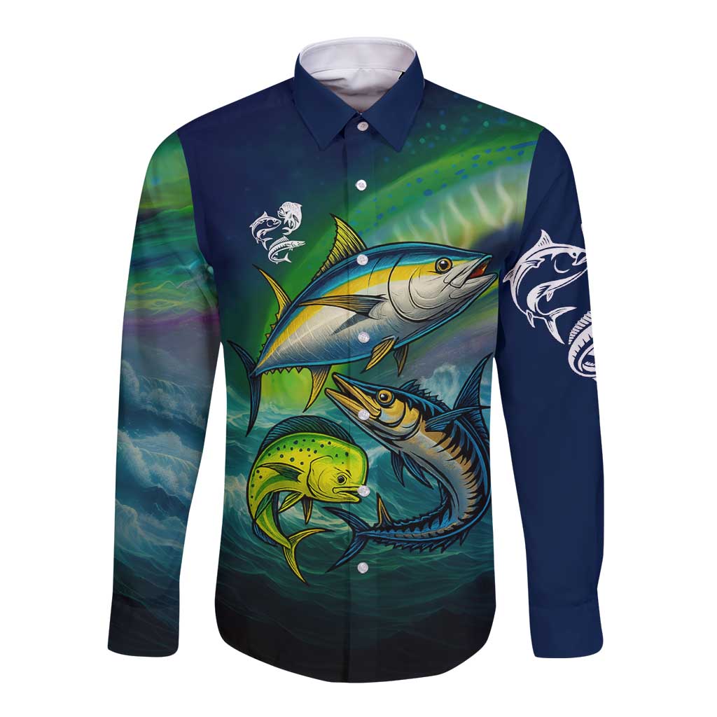 Offshore Fishing Custom Long Sleeve Button Shirt Tuna Mahi Mahi and Wahoo in Ocean Wave Design - Wonder Print Shop