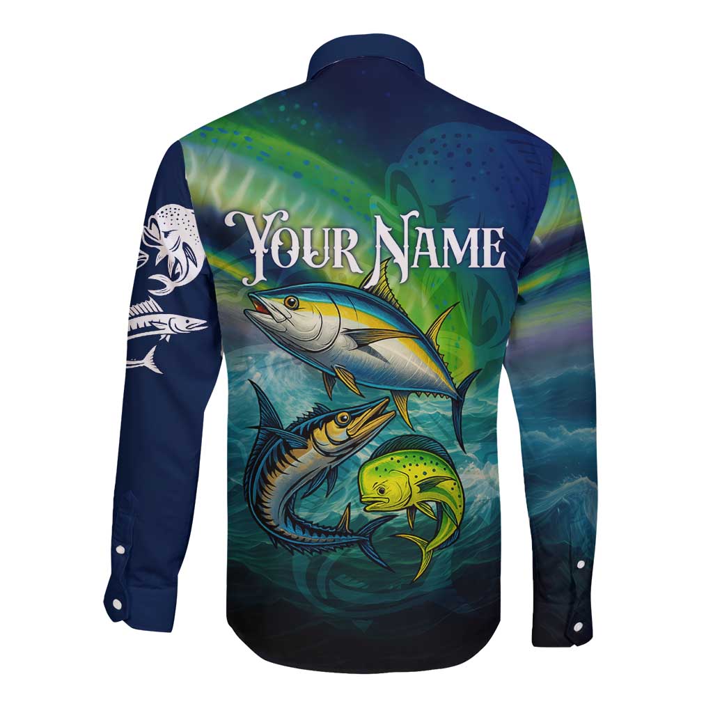 Offshore Fishing Custom Long Sleeve Button Shirt Tuna Mahi Mahi and Wahoo in Ocean Wave Design - Wonder Print Shop