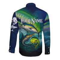 Offshore Fishing Custom Long Sleeve Button Shirt Tuna Mahi Mahi and Wahoo in Ocean Wave Design - Wonder Print Shop