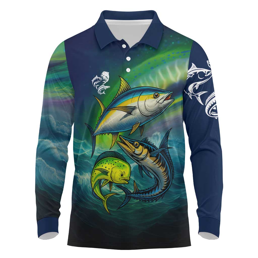 Offshore Fishing Custom Long Sleeve Polo Shirt Tuna Mahi Mahi and Wahoo in Ocean Wave Design - Wonder Print Shop