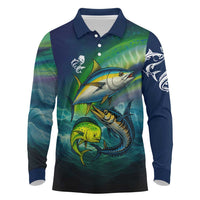 Offshore Fishing Custom Long Sleeve Polo Shirt Tuna Mahi Mahi and Wahoo in Ocean Wave Design - Wonder Print Shop