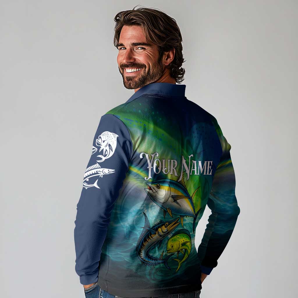 Offshore Fishing Custom Long Sleeve Polo Shirt Tuna Mahi Mahi and Wahoo in Ocean Wave Design - Wonder Print Shop