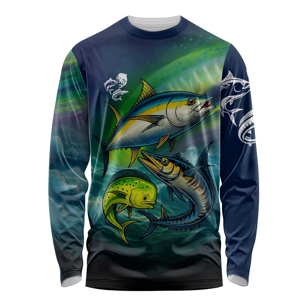 Offshore Fishing Custom Long Sleeve Shirt Tuna Mahi Mahi and Wahoo in Ocean Wave Design - Wonder Print Shop