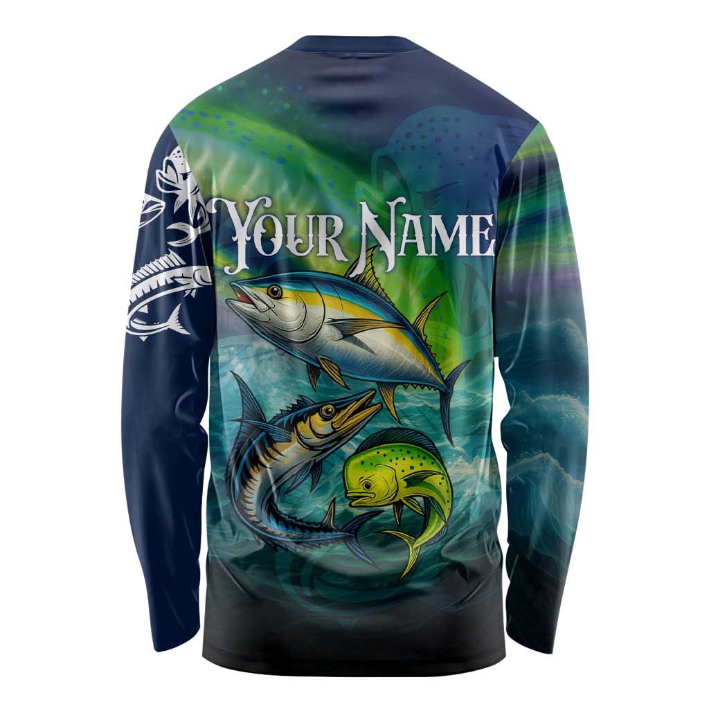 Offshore Fishing Custom Long Sleeve Shirt Tuna Mahi Mahi and Wahoo in Ocean Wave Design - Wonder Print Shop