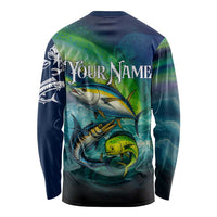 Offshore Fishing Custom Long Sleeve Shirt Tuna Mahi Mahi and Wahoo in Ocean Wave Design - Wonder Print Shop
