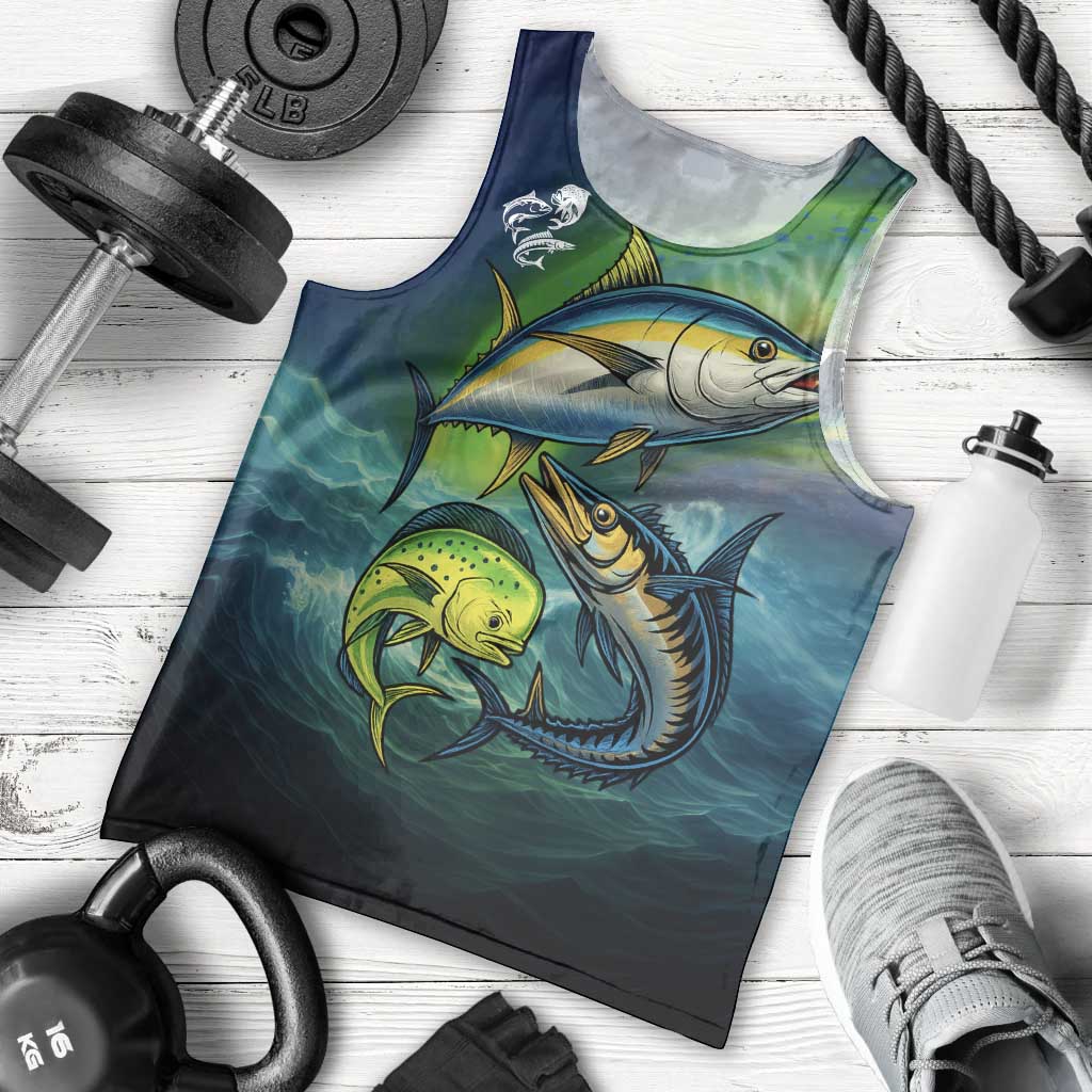 Offshore Fishing Custom Men Tank Top Tuna Mahi Mahi and Wahoo in Ocean Wave Design - Wonder Print Shop