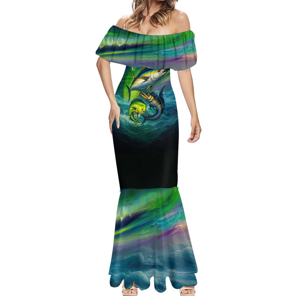 Offshore Fishing Custom Mermaid Dress Tuna Mahi Mahi and Wahoo in Ocean Wave Design - Wonder Print Shop