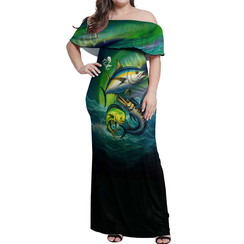 Offshore Fishing Custom Off Shoulder Maxi Dress Tuna Mahi Mahi and Wahoo in Ocean Wave Design - Wonder Print Shop