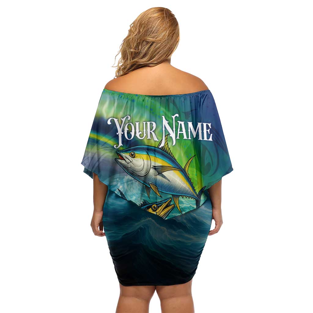 Offshore Fishing Custom Off Shoulder Short Dress Tuna Mahi Mahi and Wahoo in Ocean Wave Design - Wonder Print Shop