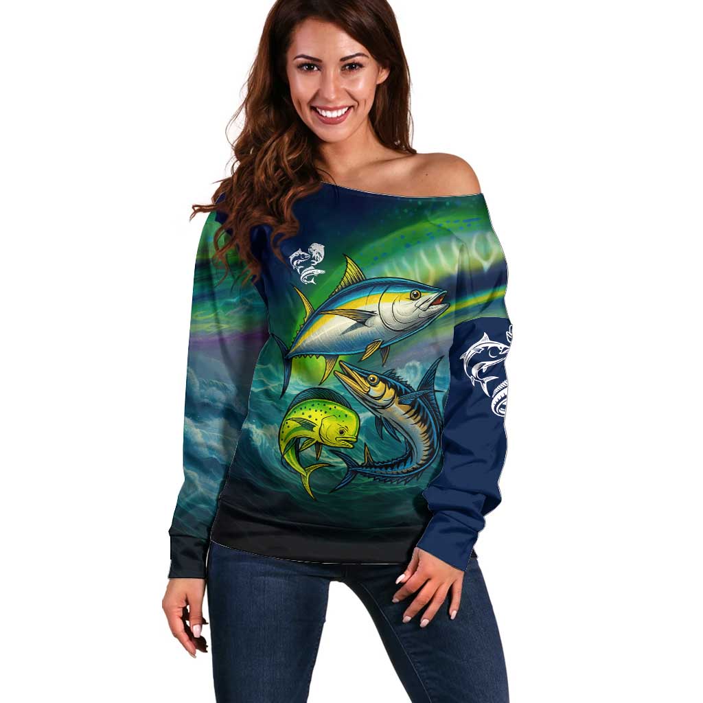 Offshore Fishing Custom Off Shoulder Sweater Tuna Mahi Mahi and Wahoo in Ocean Wave Design - Wonder Print Shop