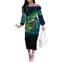 Offshore Fishing Custom Off The Shoulder Long Sleeve Dress Tuna Mahi Mahi and Wahoo in Ocean Wave Design - Wonder Print Shop