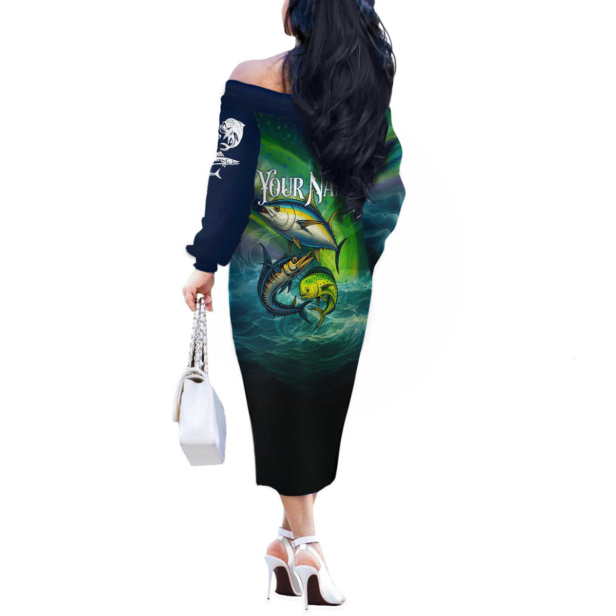 Offshore Fishing Custom Off The Shoulder Long Sleeve Dress Tuna Mahi Mahi and Wahoo in Ocean Wave Design - Wonder Print Shop