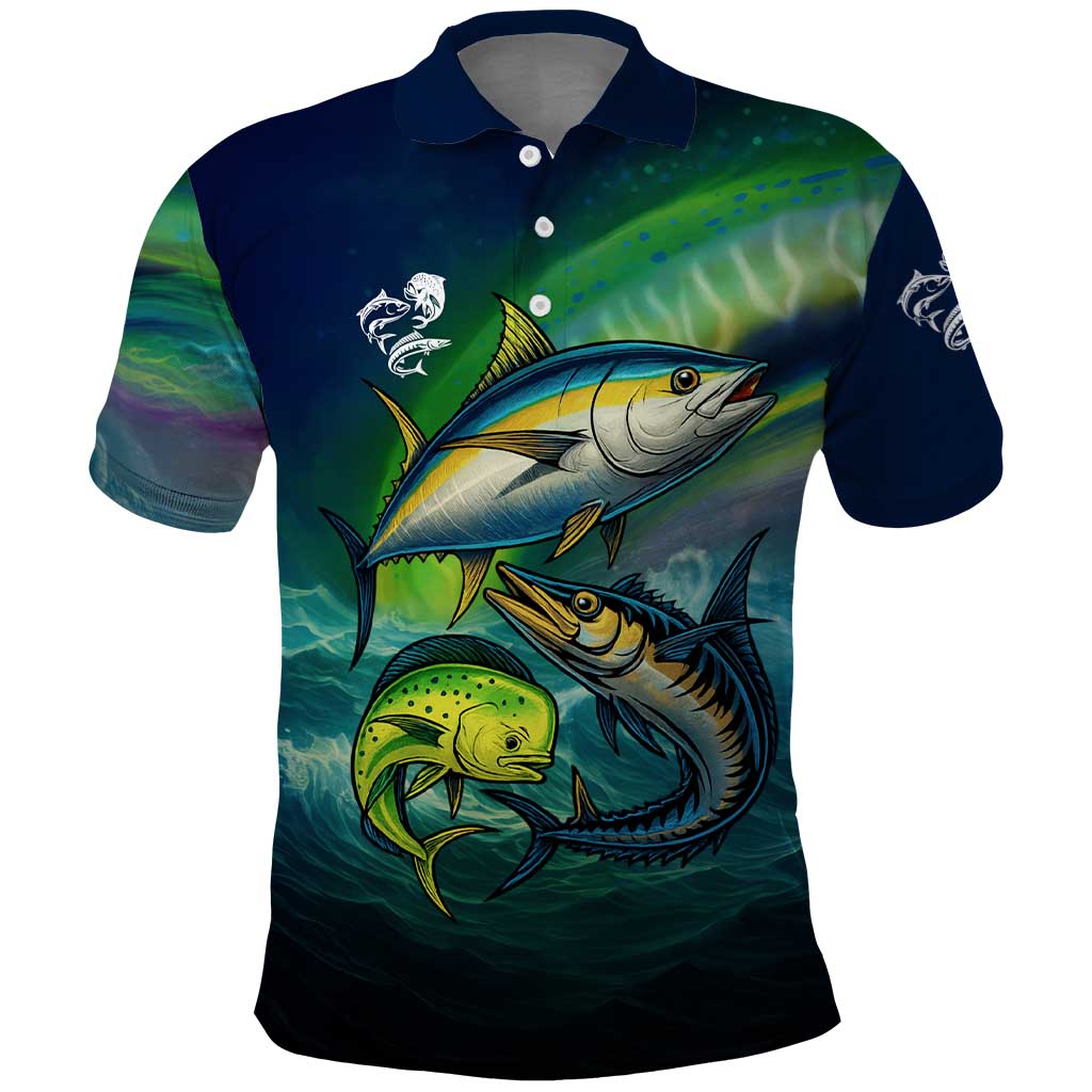 Offshore Fishing Custom Polo Shirt Tuna Mahi Mahi and Wahoo in Ocean Wave Design - Wonder Print Shop