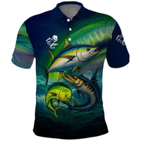 Offshore Fishing Custom Polo Shirt Tuna Mahi Mahi and Wahoo in Ocean Wave Design - Wonder Print Shop