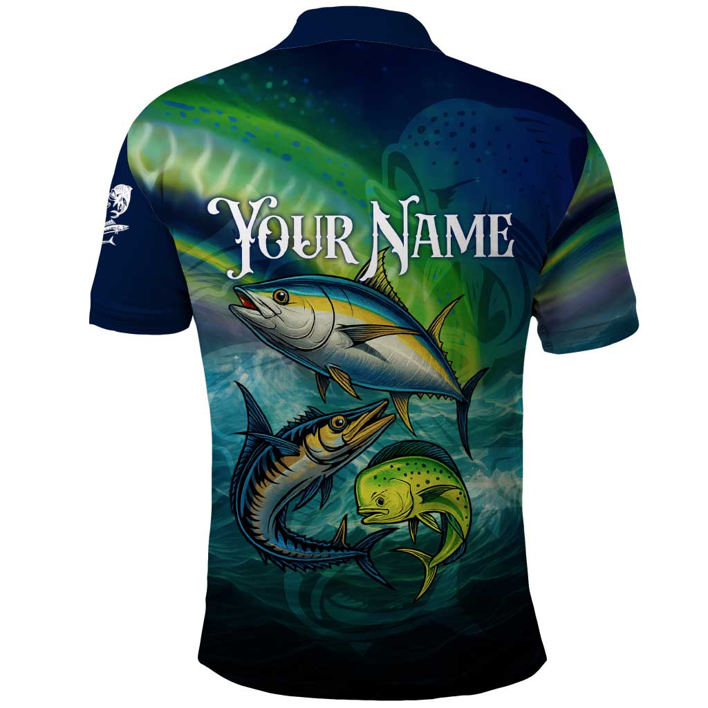 Offshore Fishing Custom Polo Shirt Tuna Mahi Mahi and Wahoo in Ocean Wave Design - Wonder Print Shop