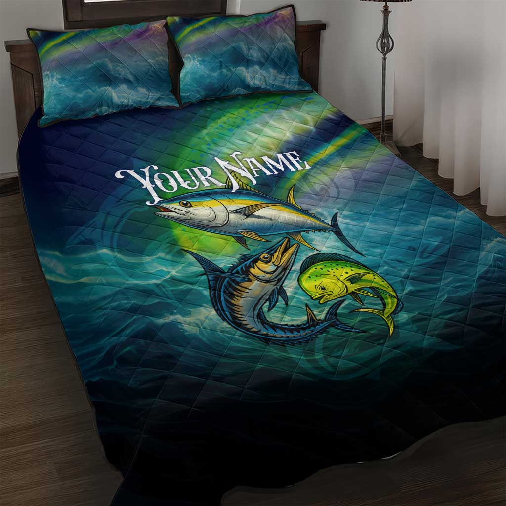 Offshore Fishing Custom Quilt Bed Set Tuna Mahi Mahi and Wahoo in Ocean Wave Design - Wonder Print Shop