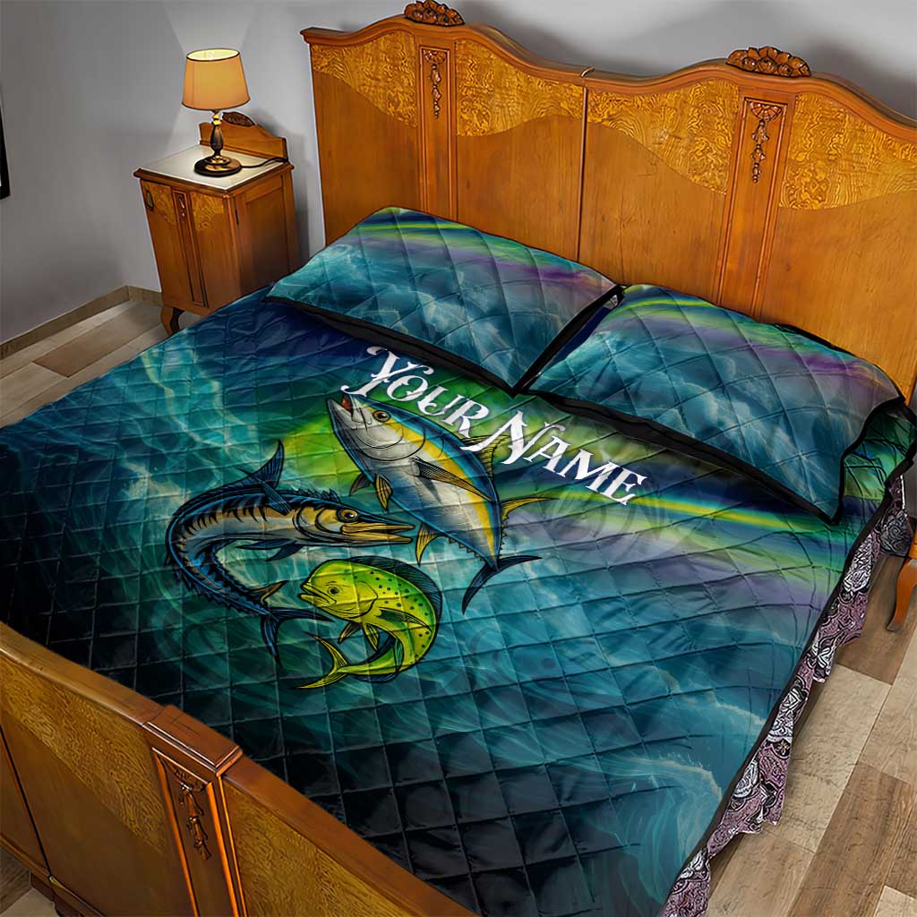 Offshore Fishing Custom Quilt Bed Set Tuna Mahi Mahi and Wahoo in Ocean Wave Design - Wonder Print Shop