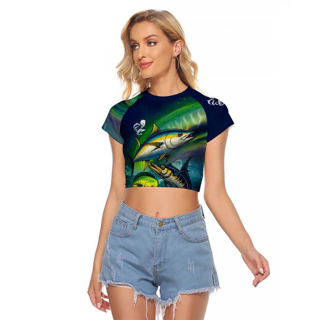 Offshore Fishing Custom Raglan Cropped T Shirt Tuna Mahi Mahi and Wahoo in Ocean Wave Design - Wonder Print Shop