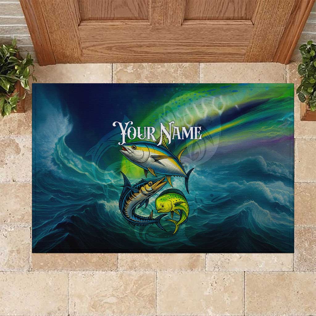 Offshore Fishing Custom Rubber Doormat Tuna Mahi Mahi and Wahoo in Ocean Wave Design - Wonder Print Shop