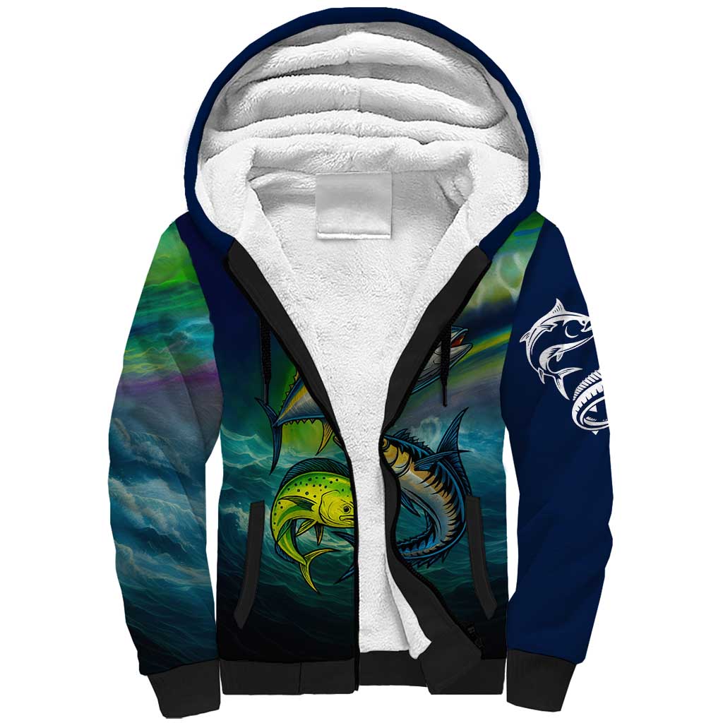 Offshore Fishing Custom Sherpa Hoodie Tuna Mahi Mahi and Wahoo in Ocean Wave Design - Wonder Print Shop
