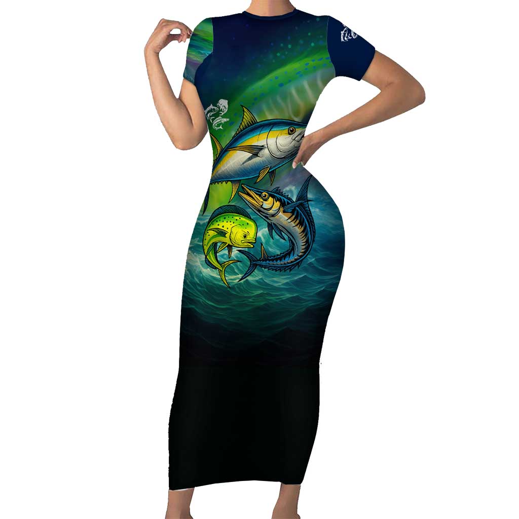 Offshore Fishing Custom Short Sleeve Bodycon Dress Tuna Mahi Mahi and Wahoo in Ocean Wave Design - Wonder Print Shop