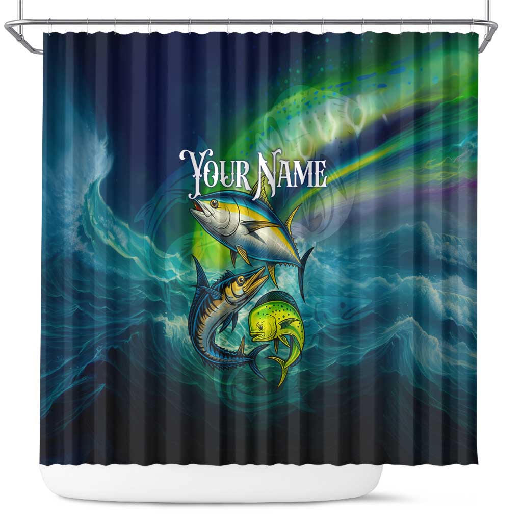 Offshore Fishing Custom Shower Curtain Tuna Mahi Mahi and Wahoo in Ocean Wave Design - Wonder Print Shop