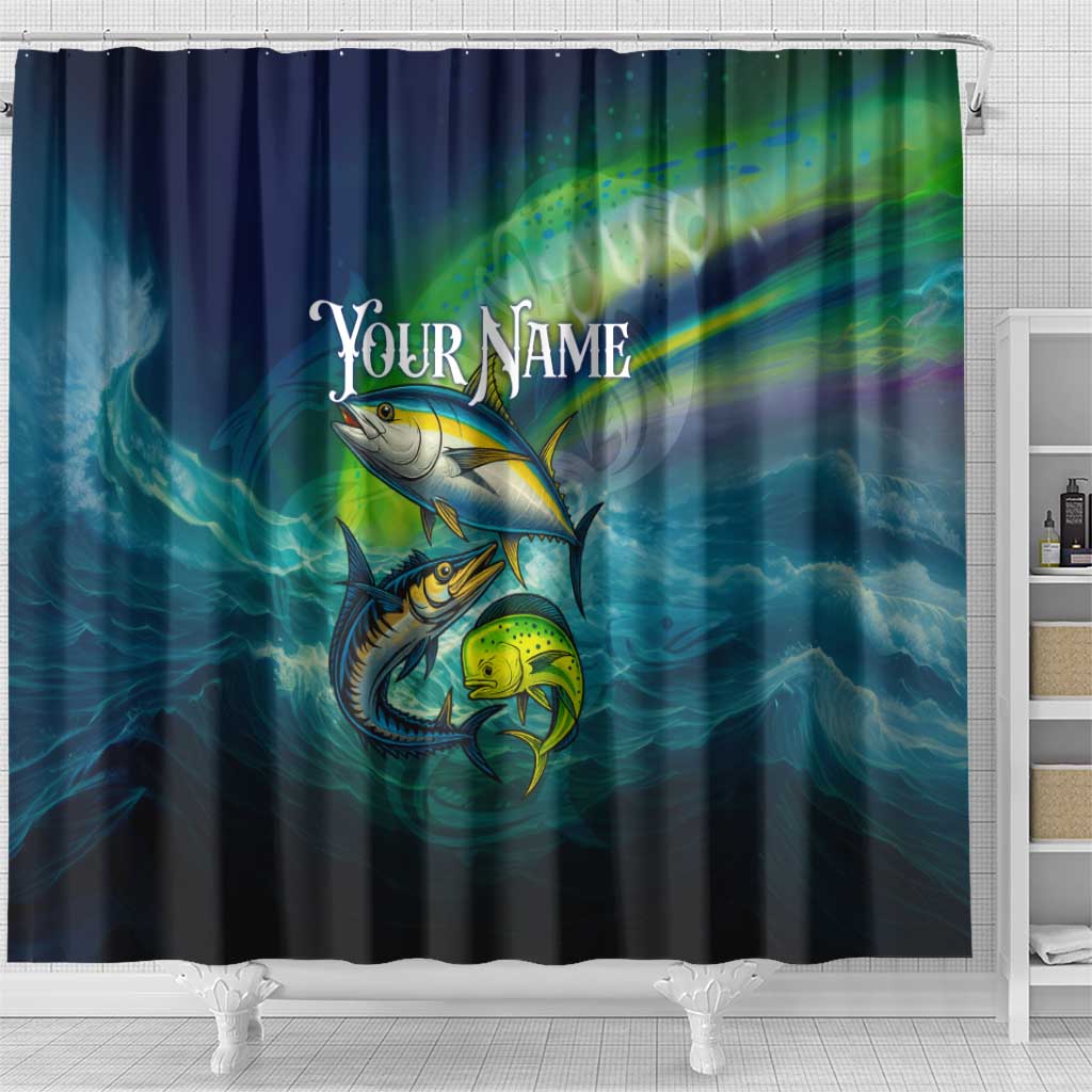 Offshore Fishing Custom Shower Curtain Tuna Mahi Mahi and Wahoo in Ocean Wave Design - Wonder Print Shop
