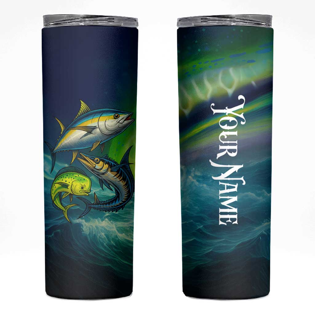 Offshore Fishing Custom Skinny Tumbler Tuna Mahi Mahi and Wahoo in Ocean Wave Design - Wonder Print Shop