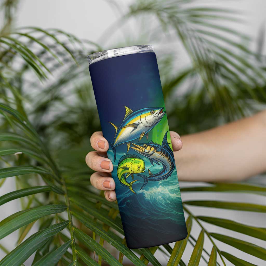 Offshore Fishing Custom Skinny Tumbler Tuna Mahi Mahi and Wahoo in Ocean Wave Design - Wonder Print Shop