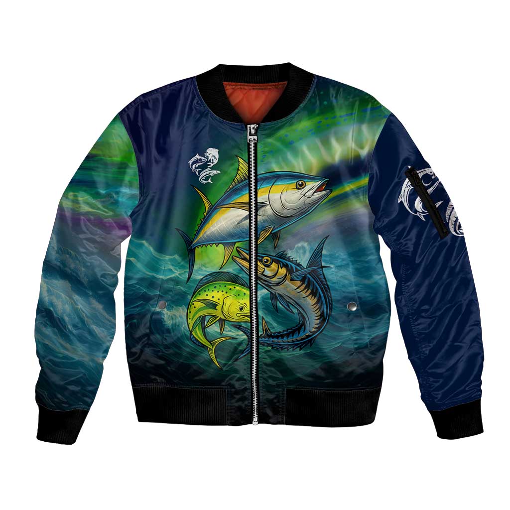 Offshore Fishing Custom Sleeve Zip Bomber Jacket Tuna Mahi Mahi and Wahoo in Ocean Wave Design - Wonder Print Shop