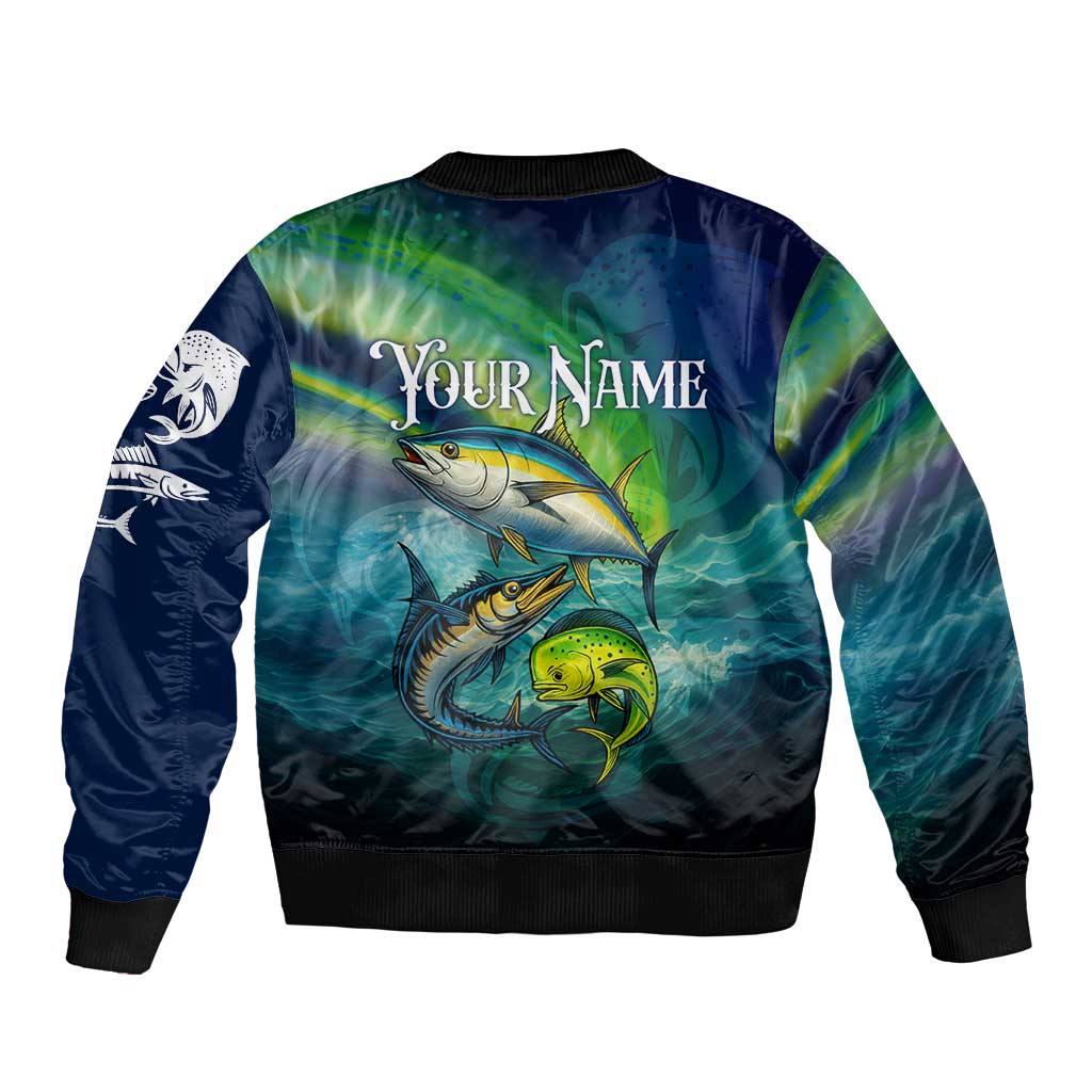 Offshore Fishing Custom Sleeve Zip Bomber Jacket Tuna Mahi Mahi and Wahoo in Ocean Wave Design - Wonder Print Shop