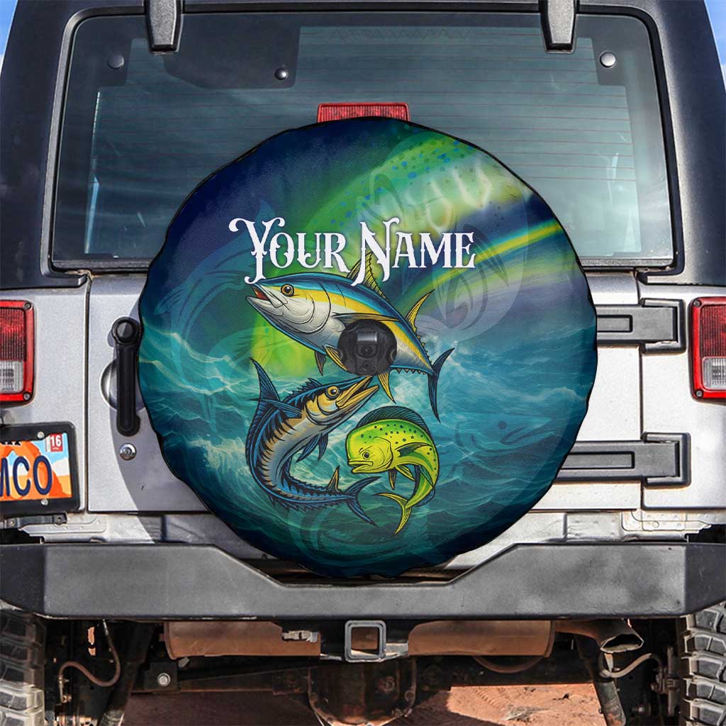 Offshore Fishing Custom Spare Tire Cover Tuna Mahi Mahi and Wahoo in Ocean Wave Design - Wonder Print Shop