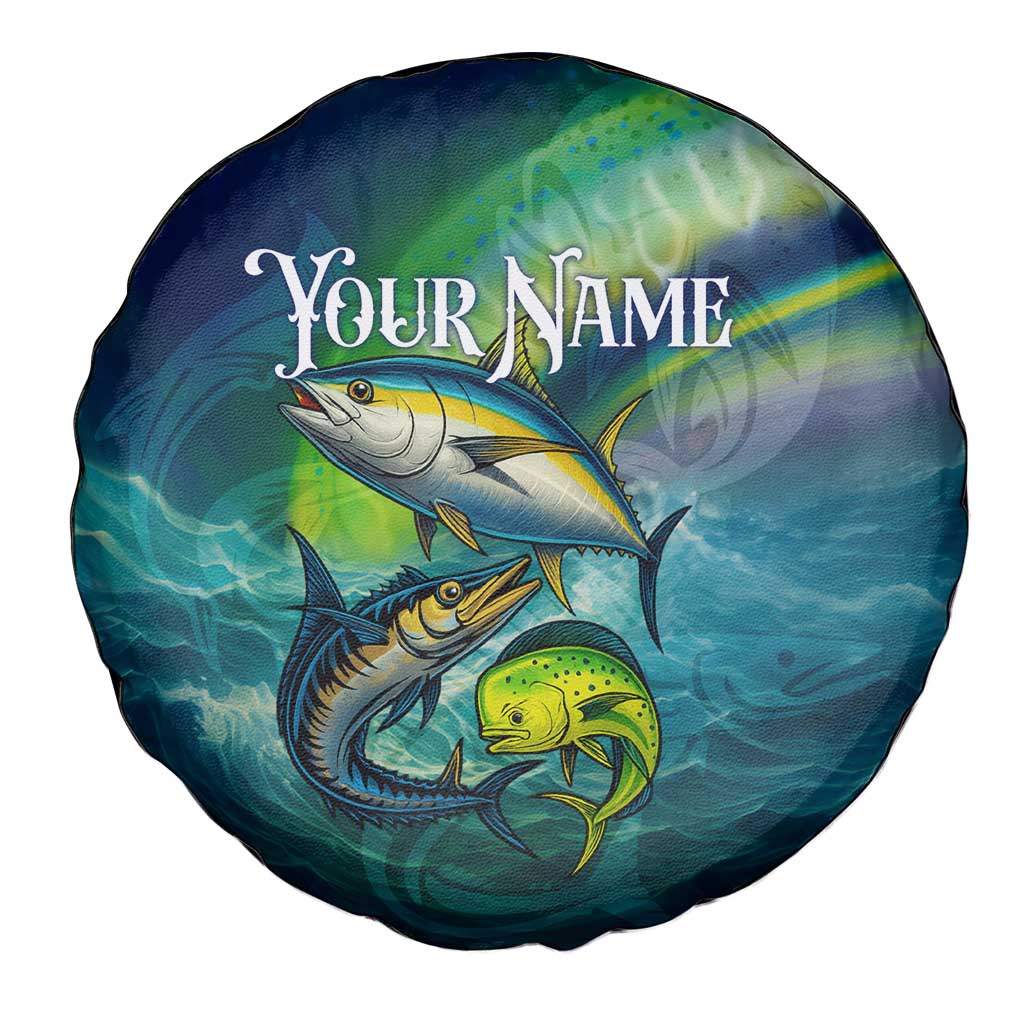 Offshore Fishing Custom Spare Tire Cover Tuna Mahi Mahi and Wahoo in Ocean Wave Design - Wonder Print Shop