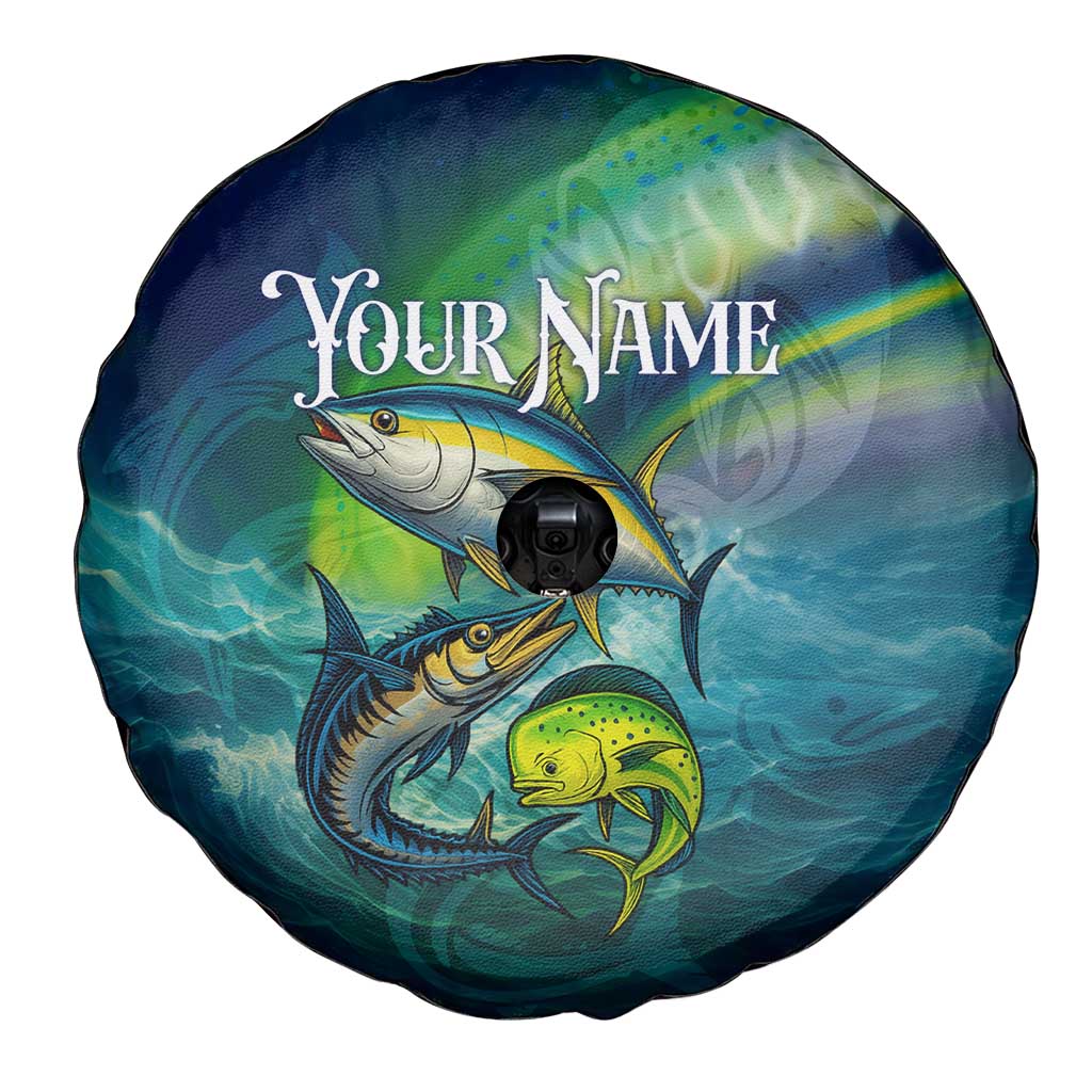 Offshore Fishing Custom Spare Tire Cover Tuna Mahi Mahi and Wahoo in Ocean Wave Design - Wonder Print Shop