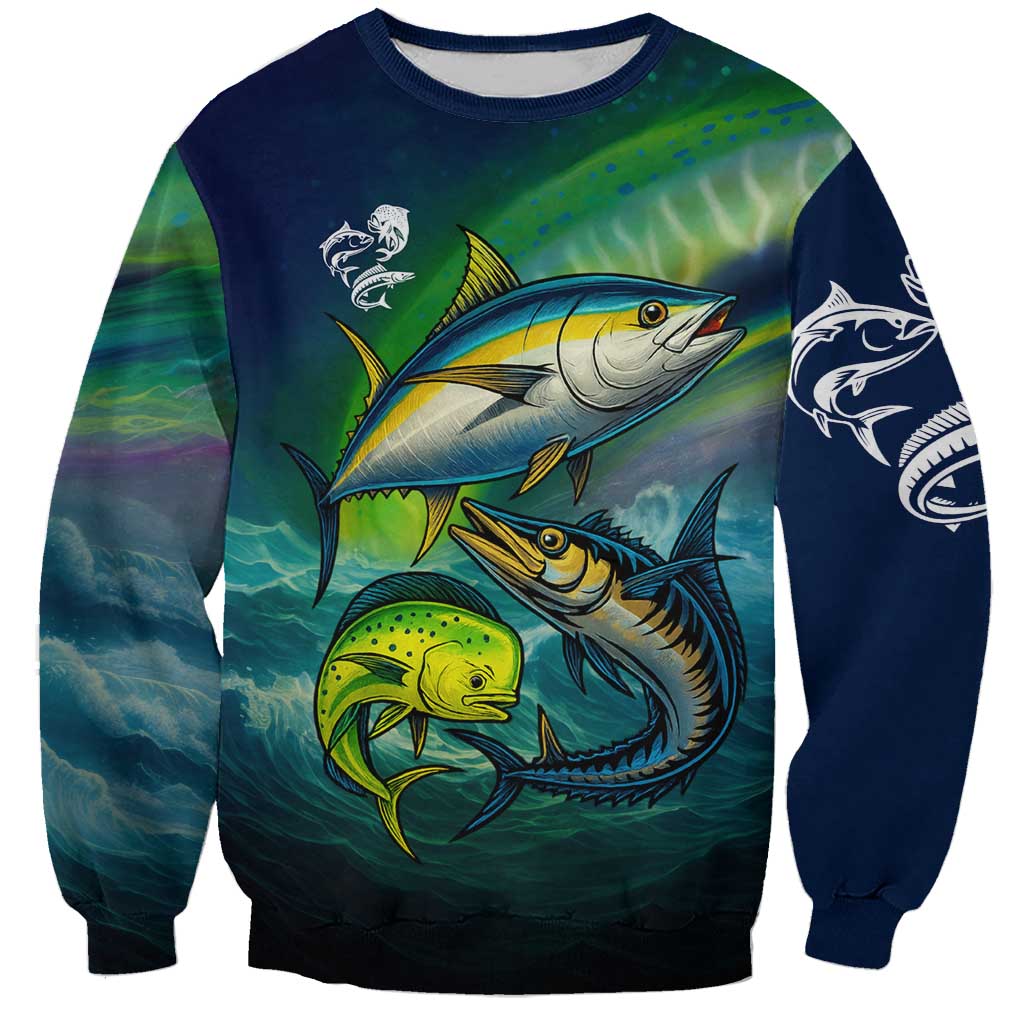 Offshore Fishing Custom Sweatshirt Tuna Mahi Mahi and Wahoo in Ocean Wave Design - Wonder Print Shop