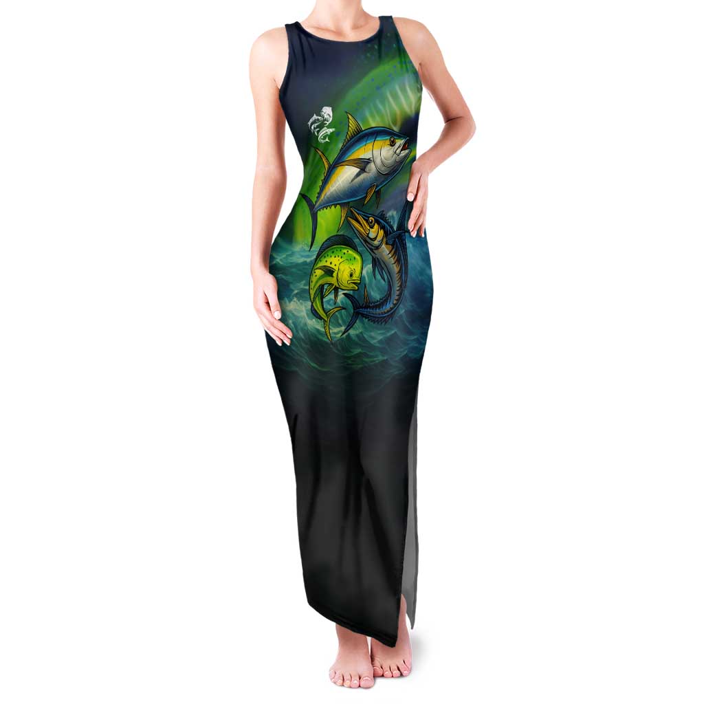 Offshore Fishing Custom Tank Maxi Dress Tuna Mahi Mahi and Wahoo in Ocean Wave Design - Wonder Print Shop