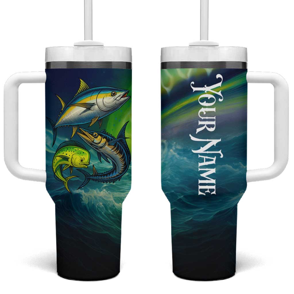 Offshore Fishing Custom Tumbler With Handle Tuna Mahi Mahi and Wahoo in Ocean Wave Design - Wonder Print Shop